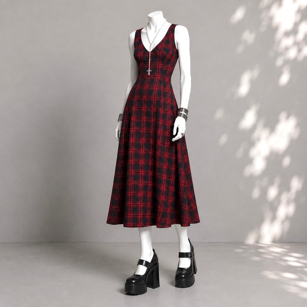 Avec Les Filles Plaid Dress 10 Red Black Midi Whimsigoth Gothic Punk Grunge - Picture 2 of 8